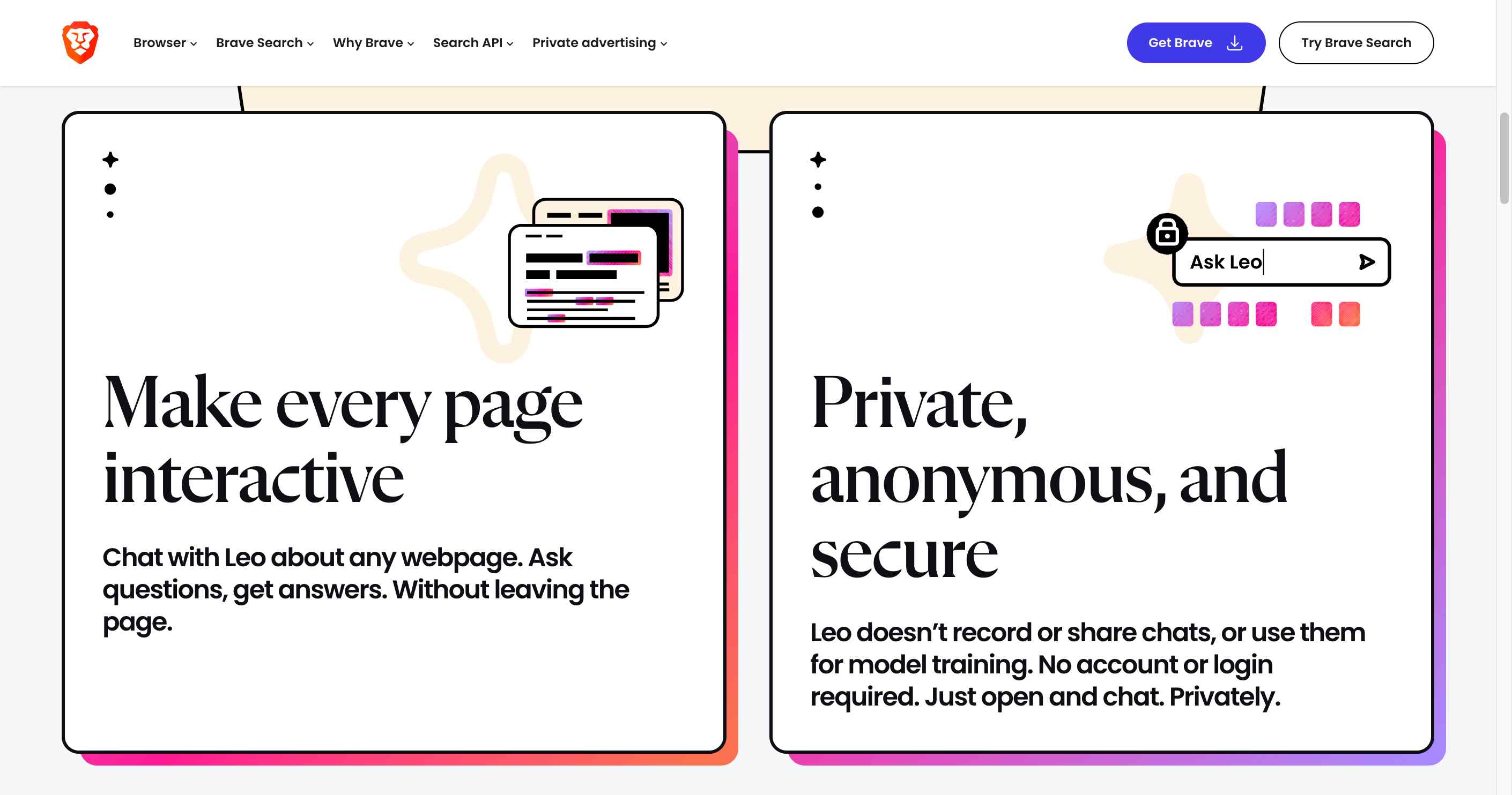 Brave browser with Leo AI assistant activated, showing a private chat window on a webpage for instant answers.