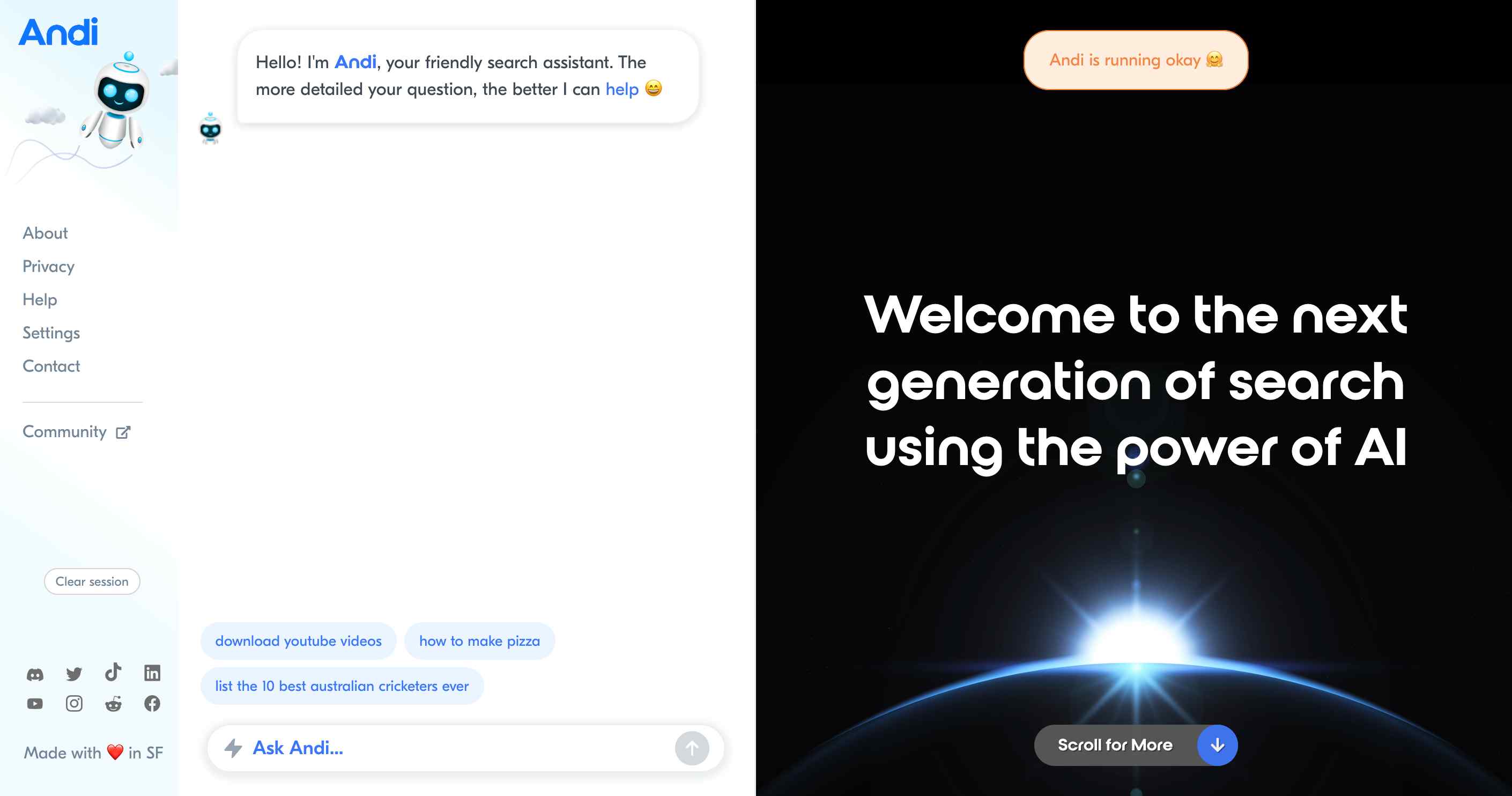 Andi Search homepage showcasing its ad-free interface and AI-generated summaries for a clean browsing experience.
