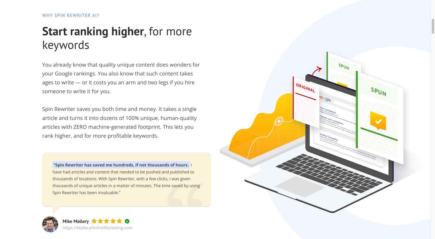 Screenshot of user testimonials highlighting the effectiveness of Spin Rewriter in content marketing.
