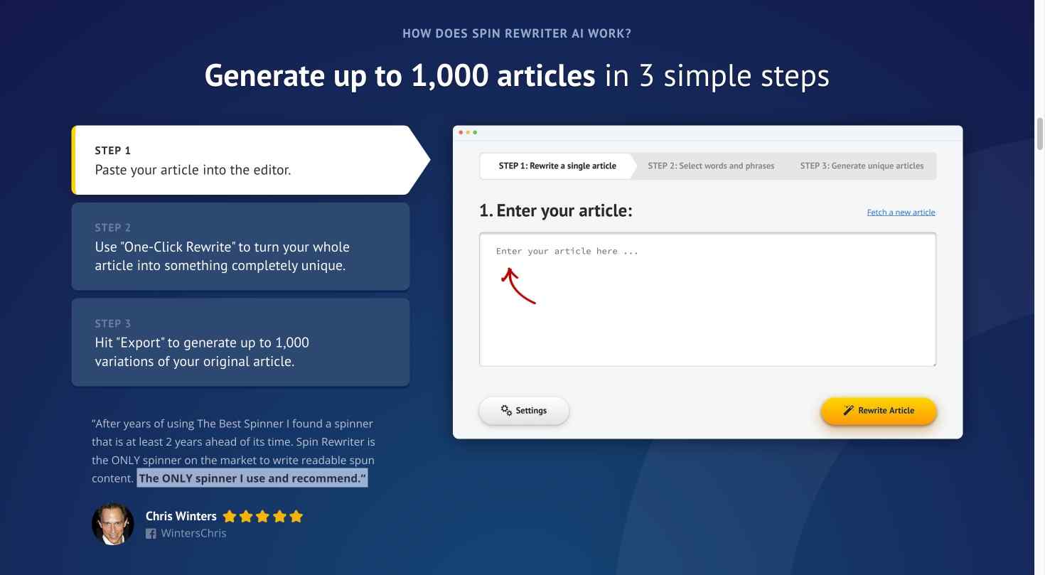 User-friendly dashboard of Spin Rewriter, showcasing efficient content rewriting for SEO experts and bloggers.