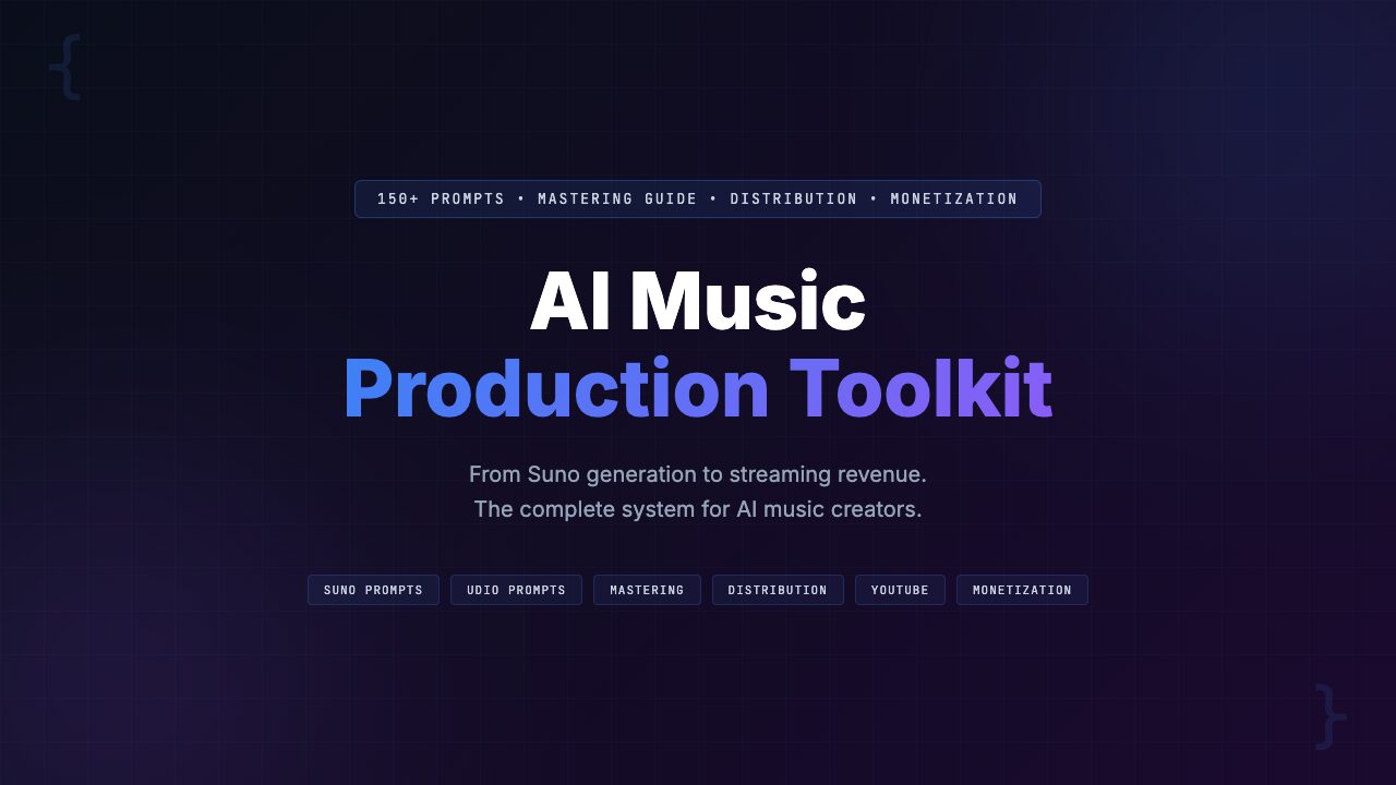 AI Music Production Toolkit hero image showing prompts for Suno and Udio, mastering chain, and distribution guides