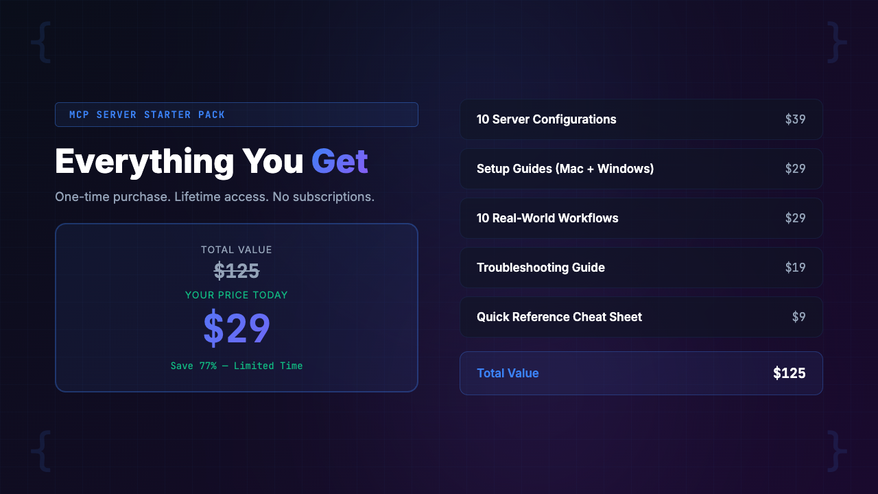 MCP Server Starter Pack value stack and pricing breakdown showing $29 price vs hundreds in saved configuration time