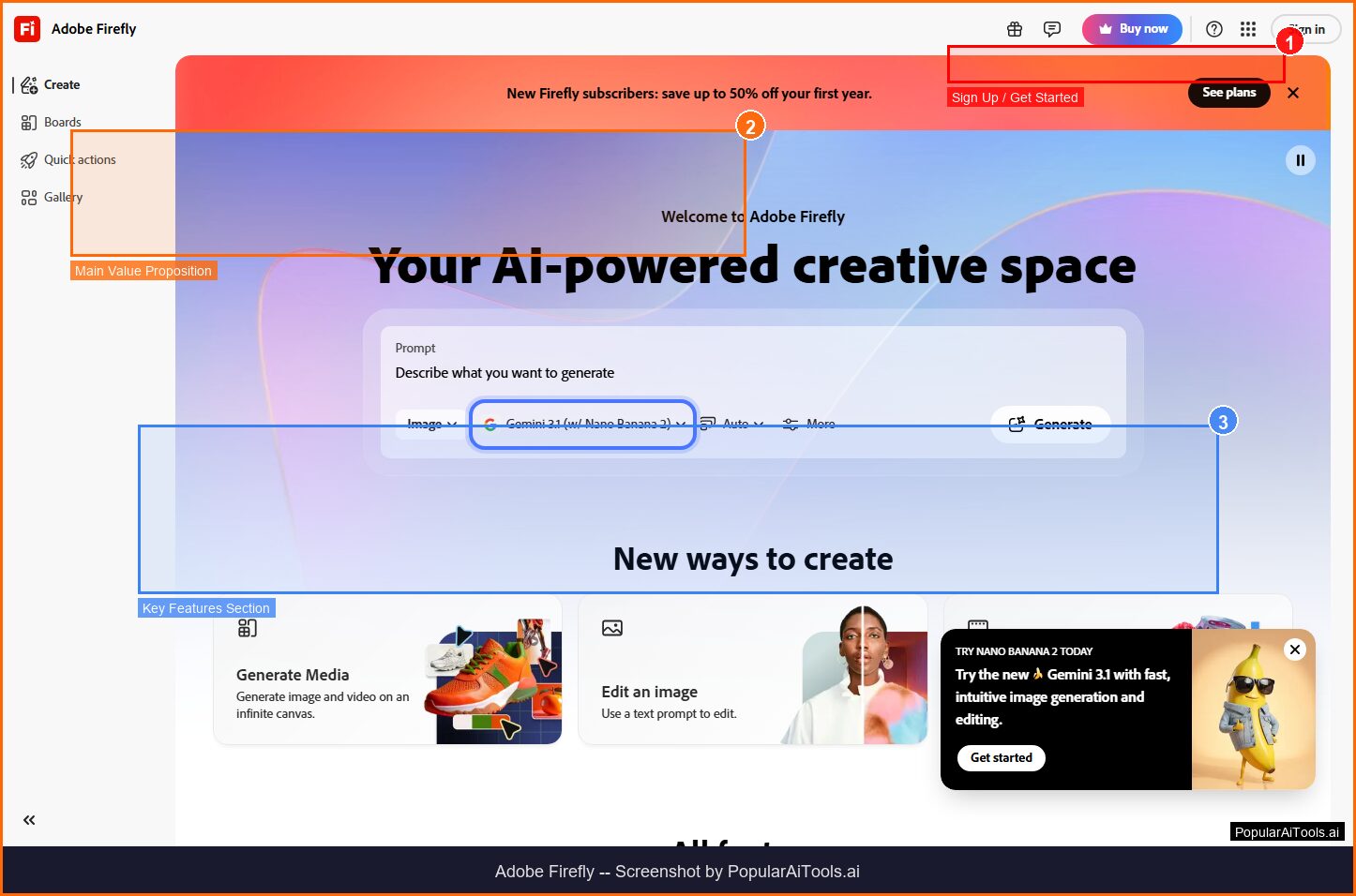 Adobe Firefly homepage with annotations showing AI image generation tools, video creation, and creative features