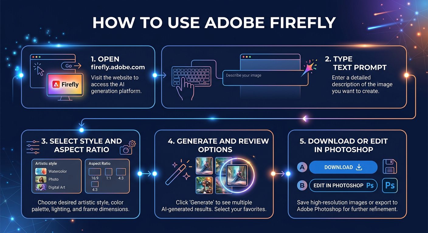 Step-by-step workflow showing how to use Adobe Firefly from prompt to final design output