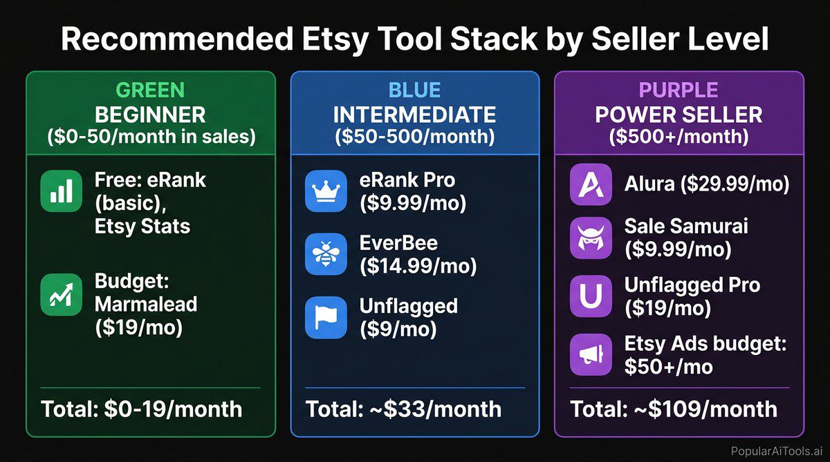 Recommended Etsy tool stack by seller level