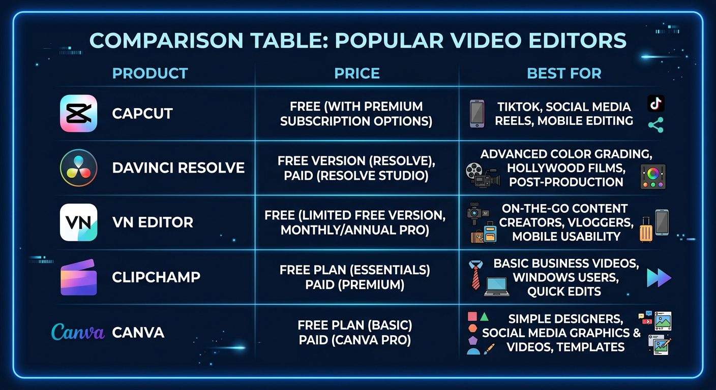 CapCut alternatives comparison showing DaVinci Resolve, VN Editor, Clipchamp, and Canva Video with pricing and platform details