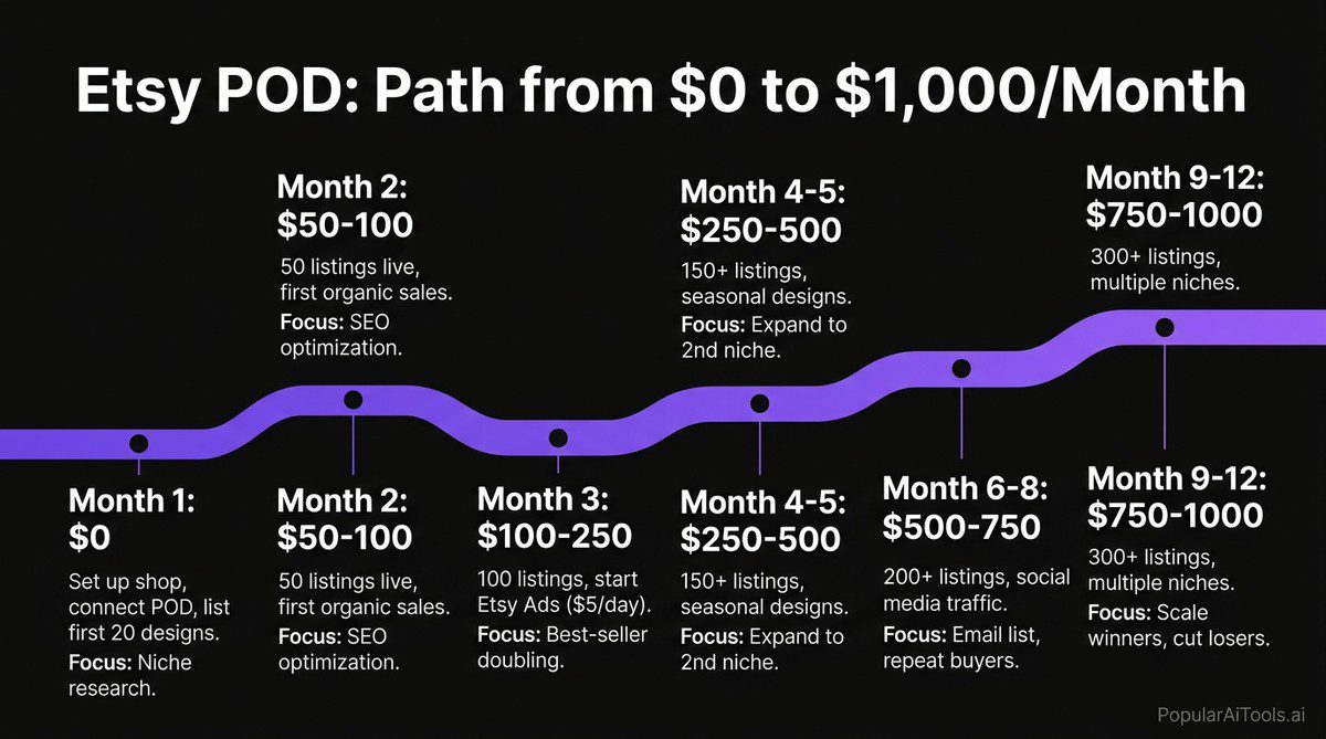Etsy print-on-demand path from zero to 1000 dollars per month roadmap