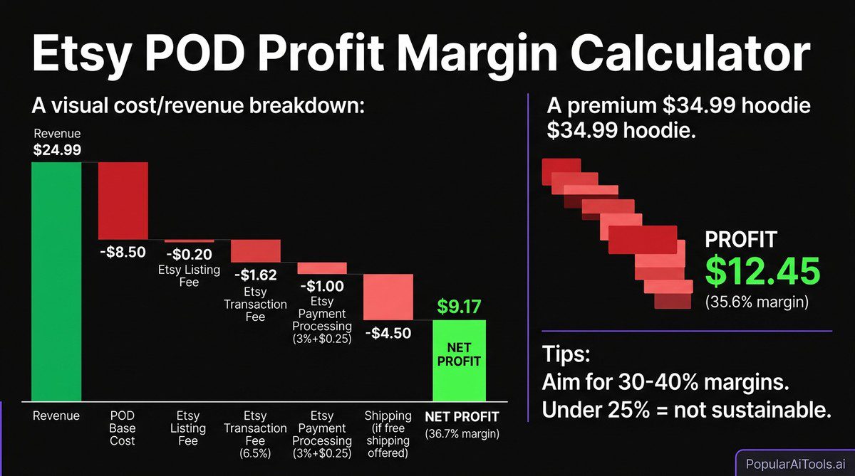Etsy print-on-demand profit margin calculator visual breakdown