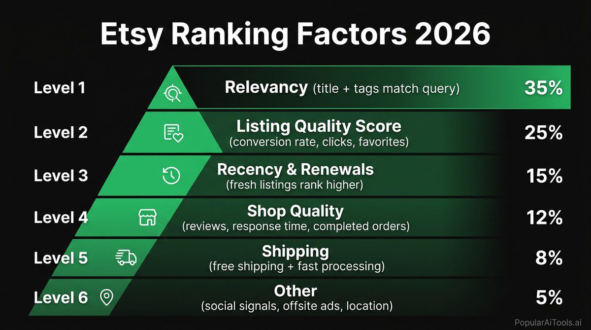 Etsy ranking factors 2026 pyramid showing importance weights