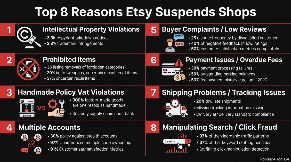 Top 8 reasons Etsy suspends shops infographic