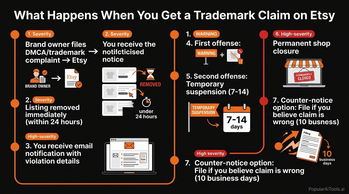 Timeline of what happens after a trademark claim on Etsy