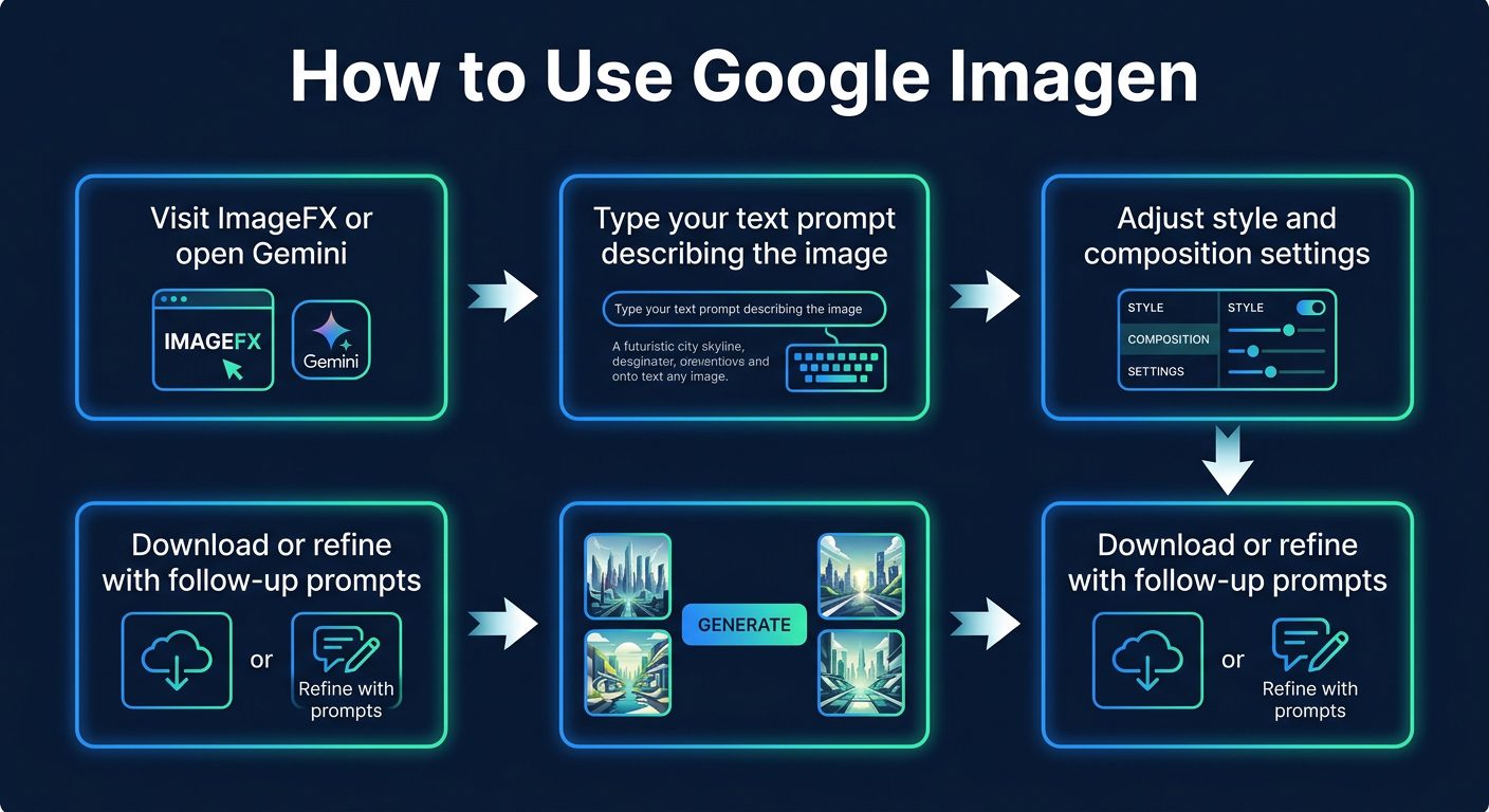 Step-by-step diagram showing how to use Google Imagen through ImageFX or Gemini to generate AI images