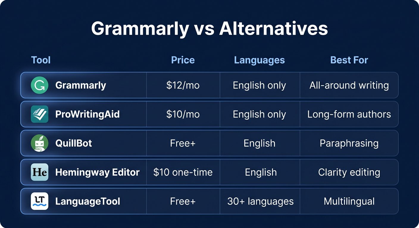 Grammarly alternatives comparison card showing ProWritingAid, QuillBot, Hemingway Editor, and LanguageTool with pricing and key differences