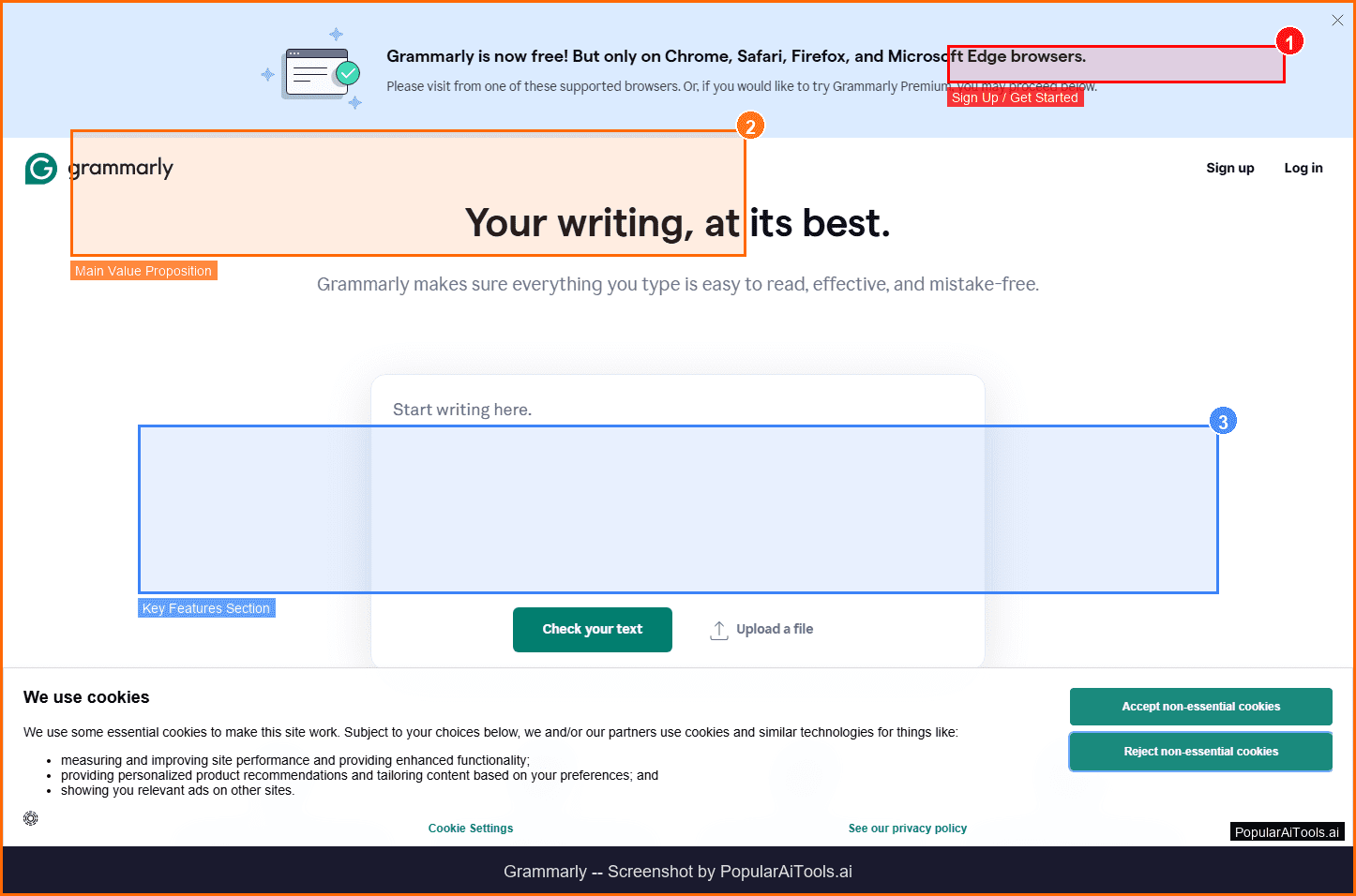 Grammarly homepage with annotations showing key features including sign-up button, value proposition, and feature highlights