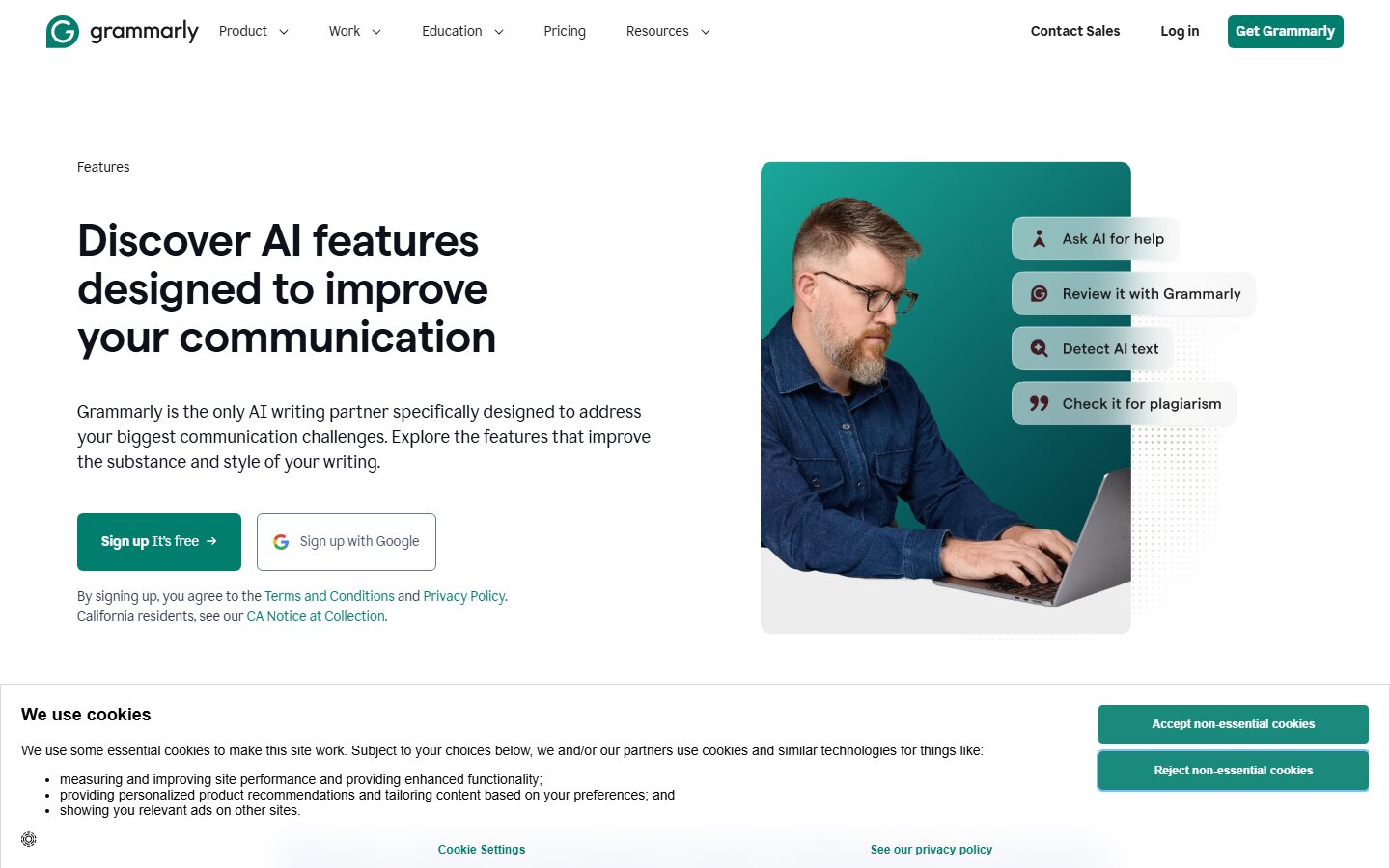 Grammarly features page showing AI writing assistance capabilities and integrations