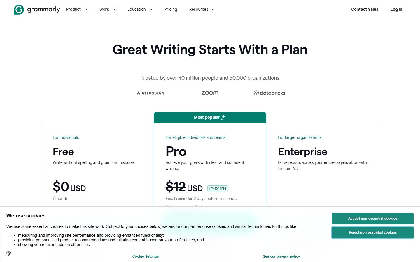 Grammarly official pricing page showing plan details and features for Free, Premium, and Business tiers