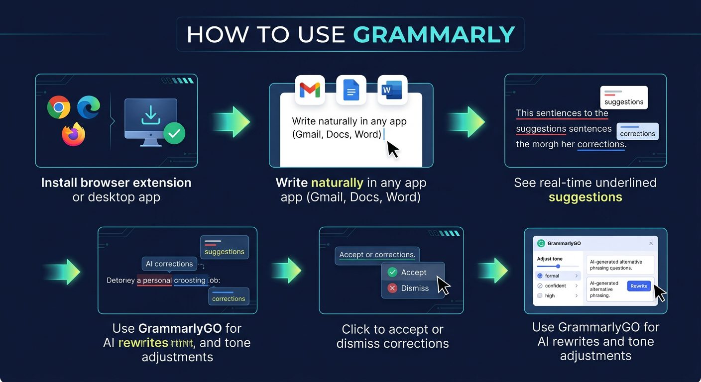 Step-by-step workflow diagram showing how to use Grammarly from installation to AI-powered rewrites