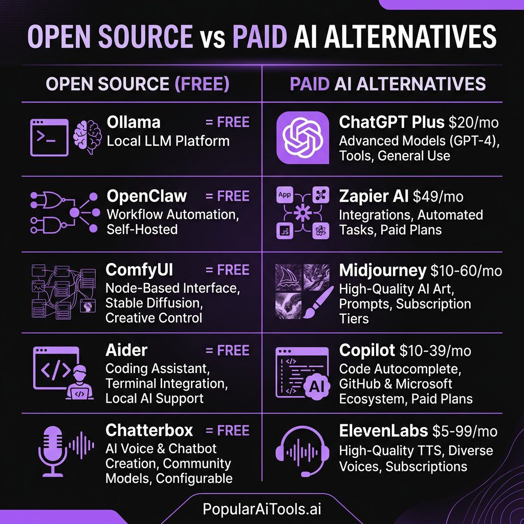 Open source AI tools compared to paid alternatives with pricing