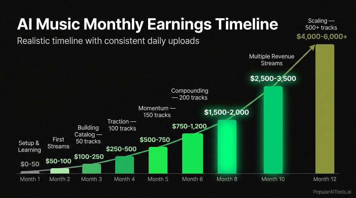 AI music monthly earnings timeline from month 1 to month 12
