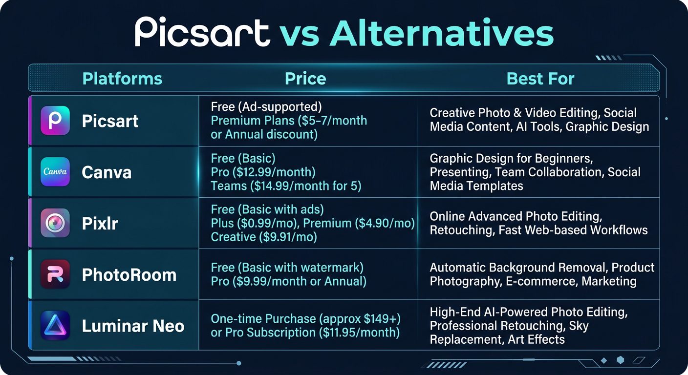 Picsart alternatives comparison showing Canva, Pixlr, PhotoRoom, and Luminar Neo with pricing and use cases