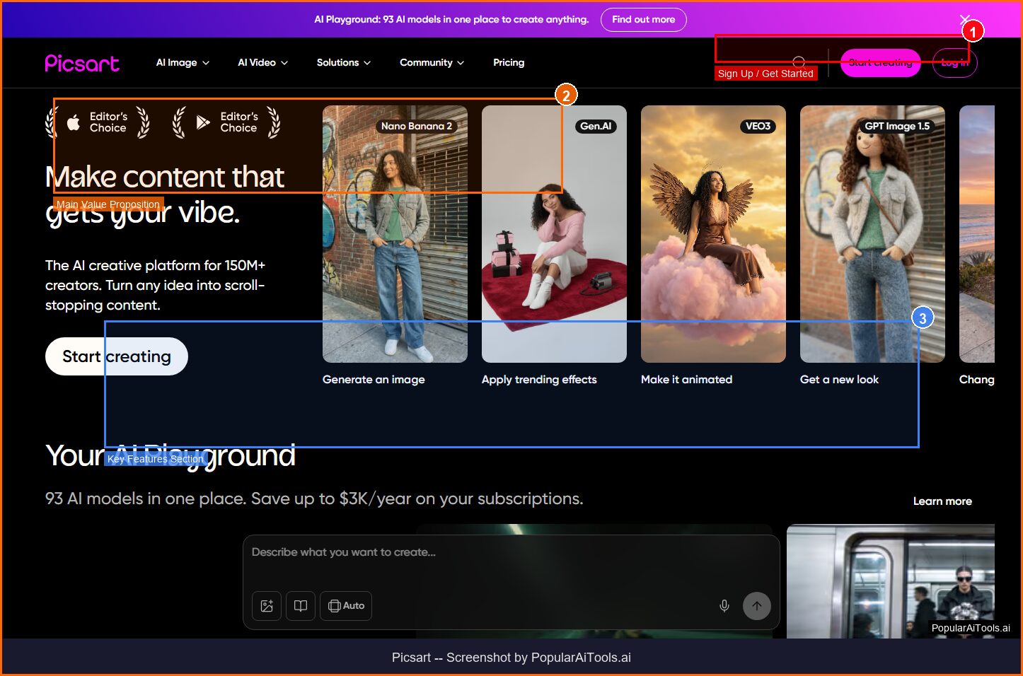 Picsart homepage with annotations showing AI tools, sign-up button, and key creative features