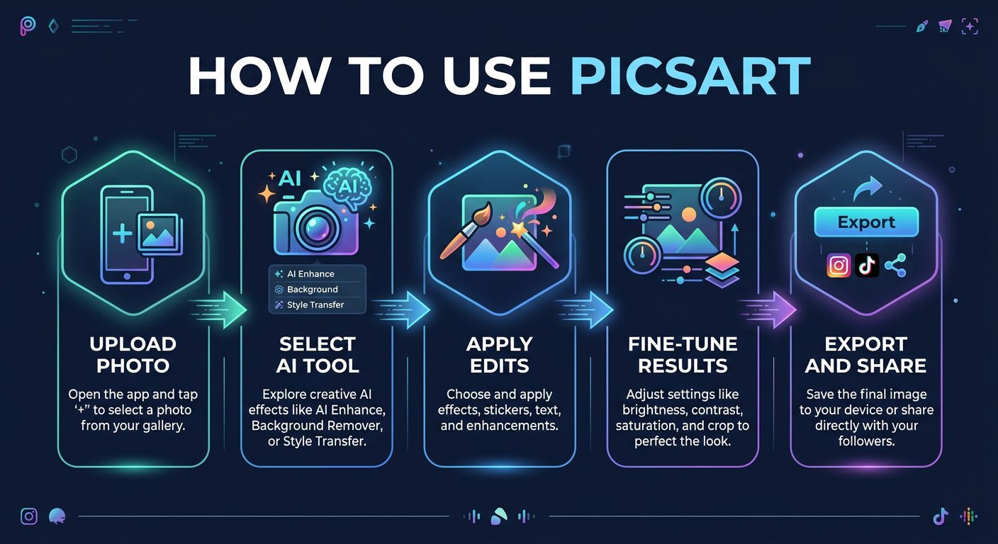 Step-by-step workflow diagram showing how to use Picsart from upload to export with AI editing tools