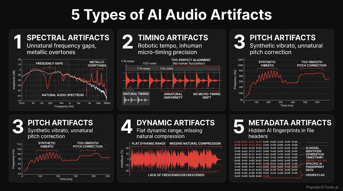 5 types of AI audio artifacts diagram showing spectral timing pitch dynamic and metadata artifacts