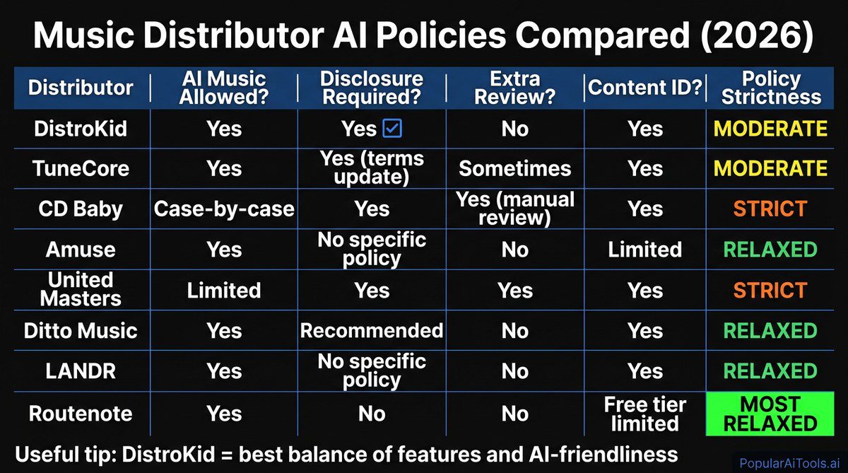 Music distributor AI policies compared grid