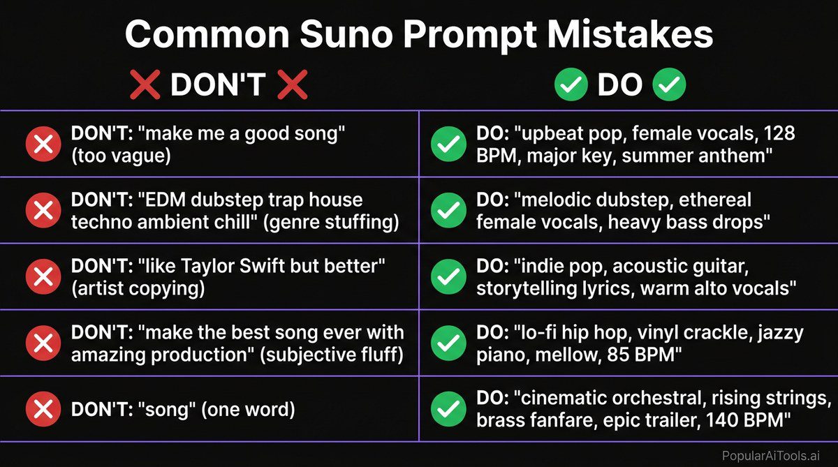 Common Suno prompt mistakes do vs dont comparison