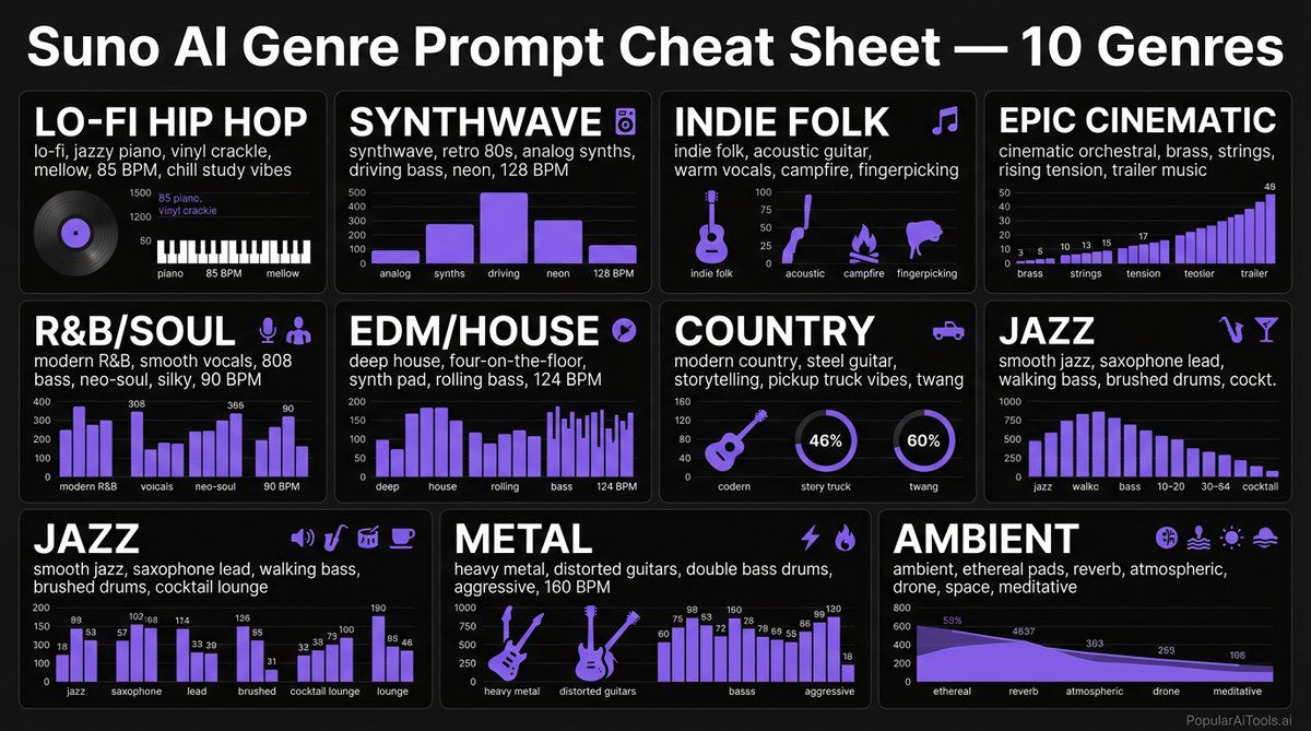 Suno AI genre prompt cheat sheet with 10 genres and example tags