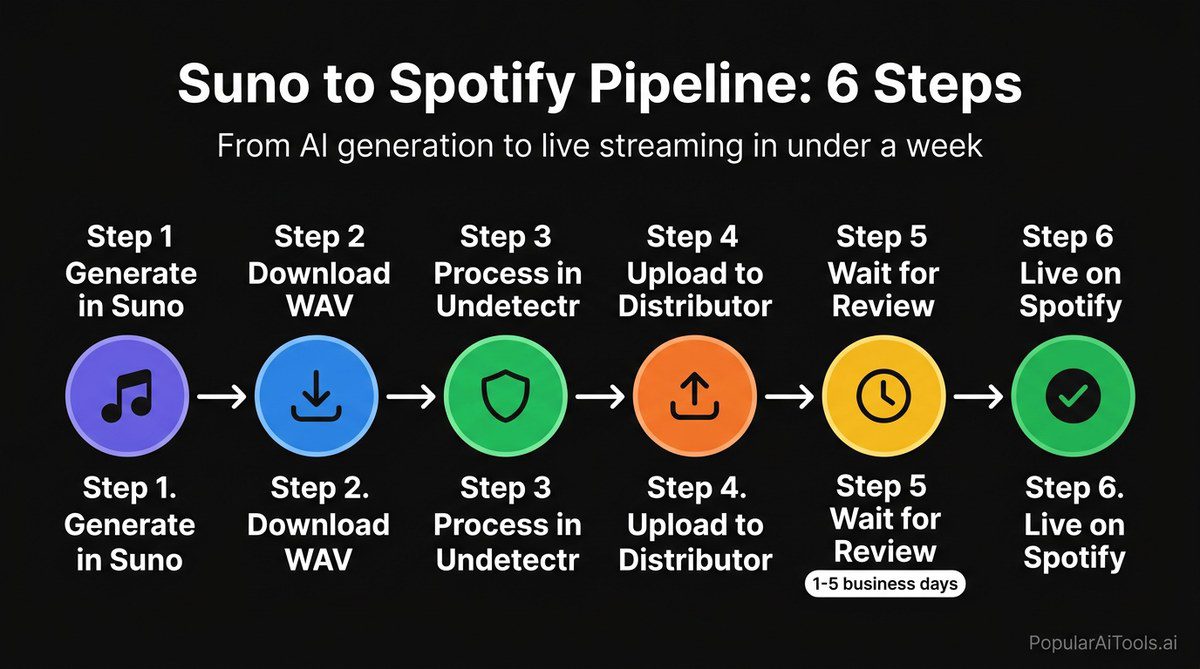 Suno to Spotify 6-step pipeline flowchart
